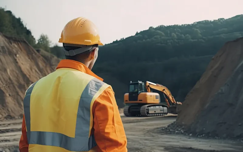 Homem que trabalha em obra utilizando equipamento de proteção e olhando um trator ao fundo da imagem